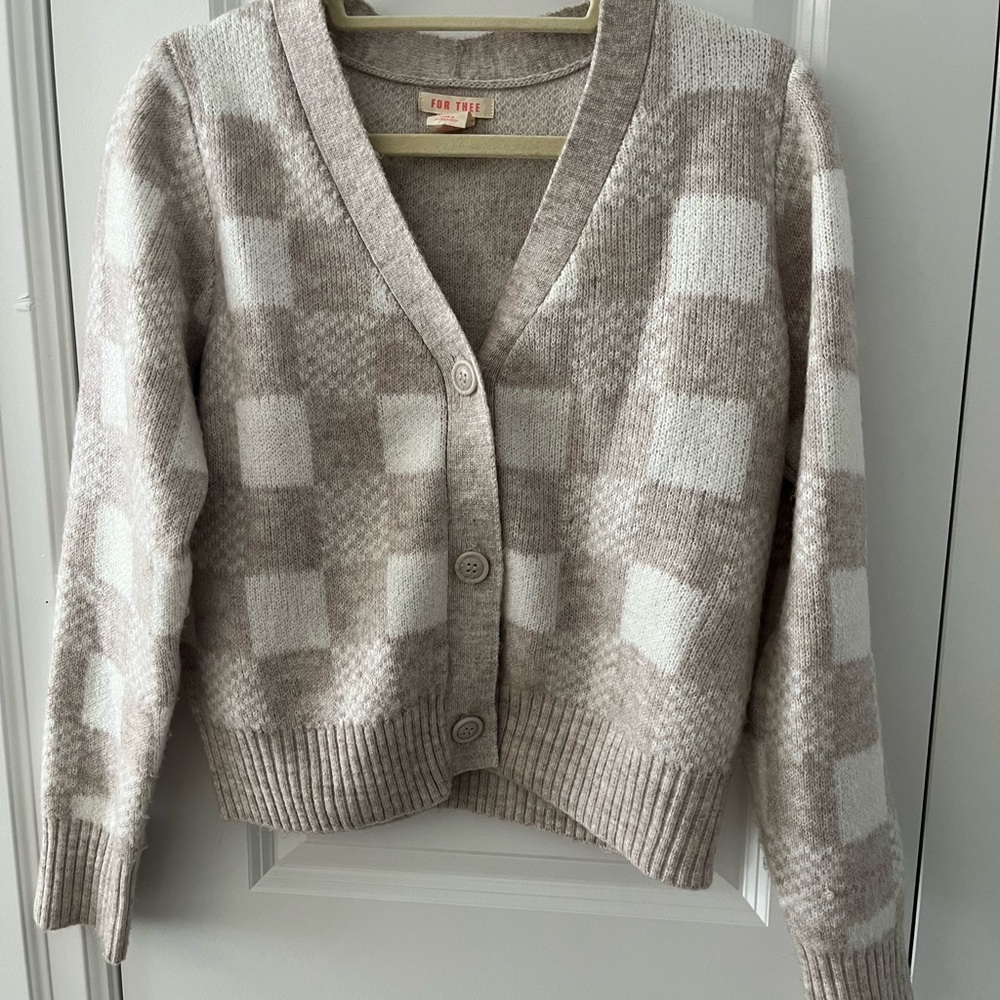 Beige and White Checkered Cardigan